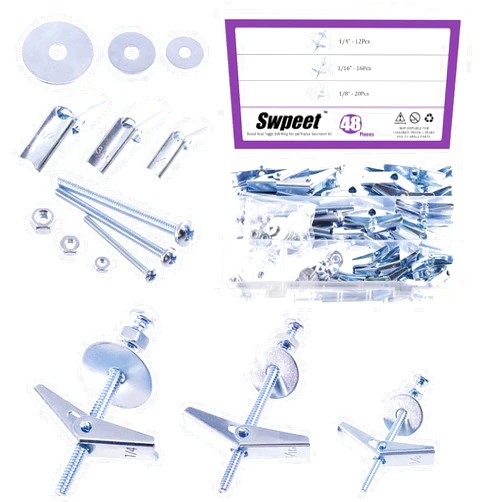 Swpeet 192Pcs-48 Set Toggle Bolts and Wing Nut Kit with Hex Nuts, Washers, Toggle Bolt Assortment Kit, Butterfly Toggle Anchors for Hanging Heavy Items on Drywall - 1/8 Inch, 3/16 Inch, 1/4 Inch