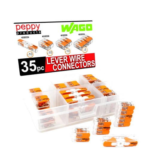 Peppy Products WAGO 221 Lever Nuts 35pc Compact Splicing Wire Connector Assortment with Case. Includes (10x) 221-2401, (10x) 221-412, (10x) 221-413, (5X) 221-415
