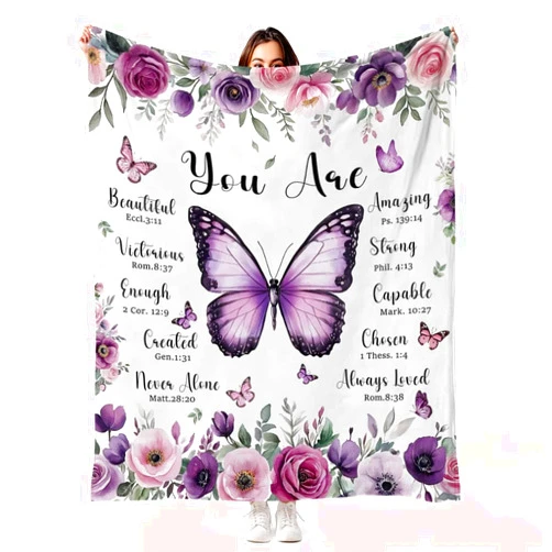 MASLEK Purple Butterfly Floral Blanket Soft Flannel Throw with Inspirational Quote Cozy Gift for Women Girls Bedroom Living Room Home, 50x60 Inch