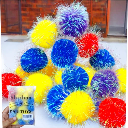 Shizhoo 10 Pieces Sparkle Pom Pom Balls for Cat - Interactive Glitter Balls, Multicolor, Size of 2 inches, Best as Kitten Play Toys…