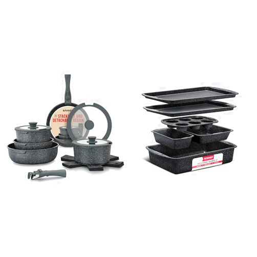 Bakken- Swiss Bakken-Swiss Detachable 15-Piece Cookware Set – Granite Non-Stick – Eco-Friendly & Bakeware Set – 6 Piece – Stackable, Deluxe, Non-Stick Baking Pans for Professional and Home Cooking