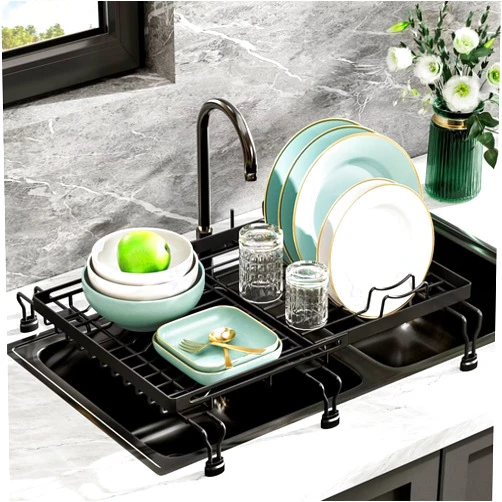 MOUKABAL Expandable Dish Drying Rack-Over Sink&Dish Drainer Holder for Kitchen Counter,Space-Saving Kitchen Organizer with Large Capacity,Matte Black,Rust-Resistant Stainless Steel