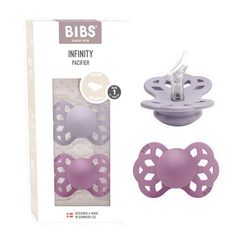 BIBS Pacifiers - Infinity Collection with Anatomical Nipple| BPA-Free Baby Pacifier | Made in Denmark | Set of 2 Fossil Grey/Mauve Color Premium Soothers | Size 0-6 Months