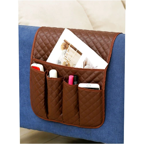 Jaugufiy PU Leather Sofa Armrest Organizer Couch Arm Storage Bag Sofa Arm Couch Caddy Anti-Spill Armrest Remote Control and Cellphone Organizer Holder (Brown)