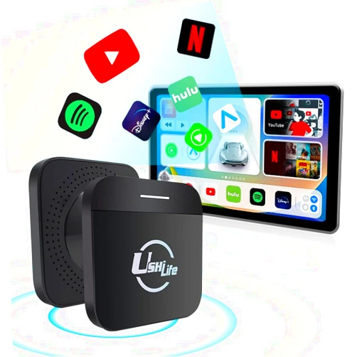 Ushilife Wireless Android Auto Carplay Adapter Built-in Netflix/YouTube/GPS Support HDMI Output Download Apps Miracast Split Screen AI Box 4+64GB SD/TF Card 8-Core CPU