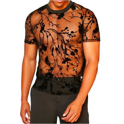 WDIRARA Men's Floral Print See Through Round Neck Short Sleeve Mesh Tshirt Party Top