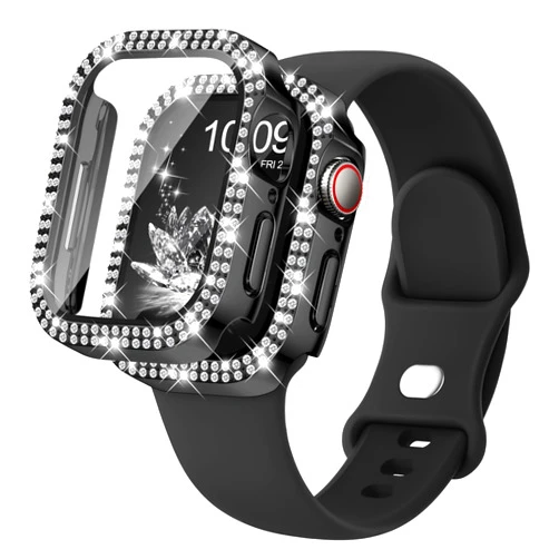 Adorique Compatible with Apple Watch Band 40mm 41mm 44mm 45mm with Screen Protector Case Women, Soft Silicone Wristband Strap with 1Pack Diamond Bling PC Protective Case for iWatch Series 9 8 7 6 5 4 3 SE