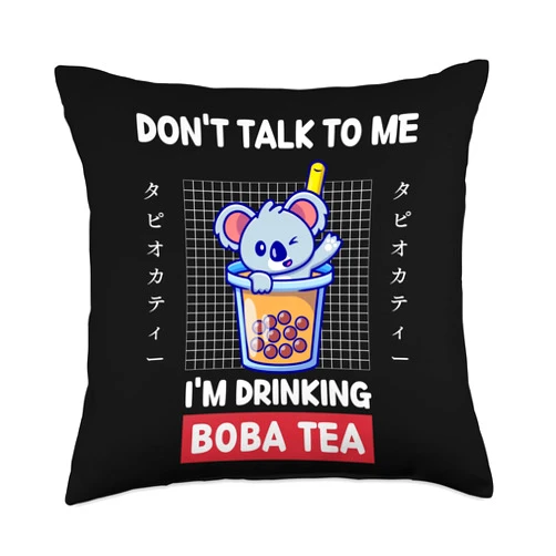 Retro Koala Don't Talk To Me I'm Drinking Boba Tea Koala Don't Talk to Me I'm Drinking Boba Tea Japanese Style Throw Pillow, 18x18, Multicolor