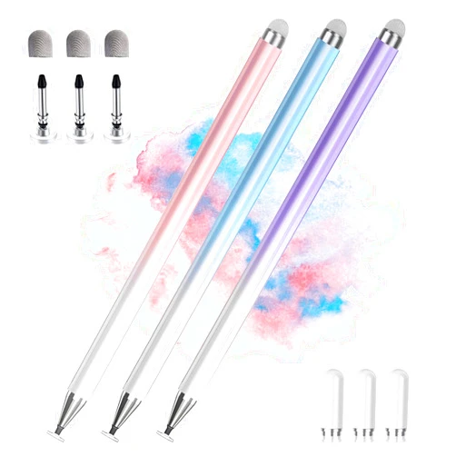 AmberVec Stylus Pens for Touch Screens, 2 in 1 High Precision Universal Stylus Pen for iPad Compatible with Apple, iPhone, iPad, Android, Microsoft Tablets, Phones, 3 Pack-Blue, Pink, Purple