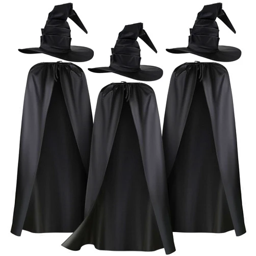 Coume 3 Sets Halloween Witch Costume for Women Black Large Ruched Witch Hat and Wizard Cloak Cape Women Costume Accessories for Halloween Cosplay Carnival Party
