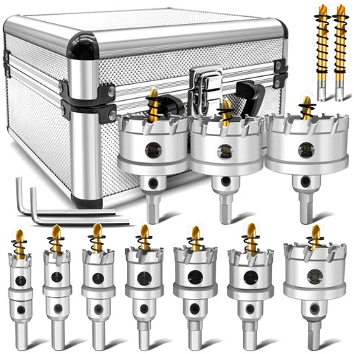Zeliceka TCT 14 pcs Carbide Hole Saw Kit for Hard Metal, Heavy Duty Carbide Tungsten Carbide Tipped Hole Saw Set, with 1 Aluminum Box 2 Extra Pilot Drill Bits and 2 Hex Key