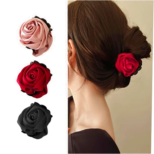 AUOCATTAIL Retro Satin Rose Hair Claw Clip Fashion Nonslip Rose Flower Jaw Clip Women Girls Thick Hair Thin Hair Styling Shark Clip Hair Accessories (3 Pcs)