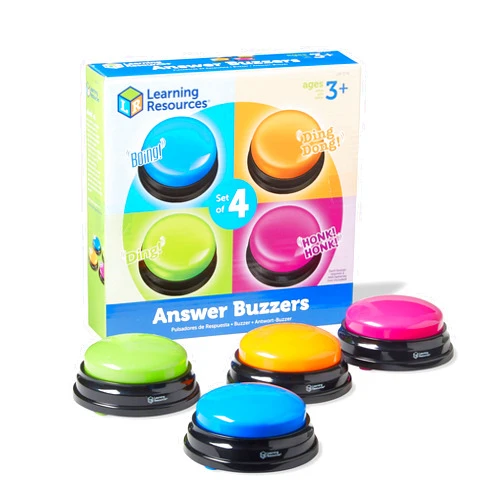 Learning Resources Answer Buzzers - Set of 4, Ages 3+, Assorted Colored Buzzers, Game Show Buzzers, Perfect for Family Game and Trivia Nights, for Kids