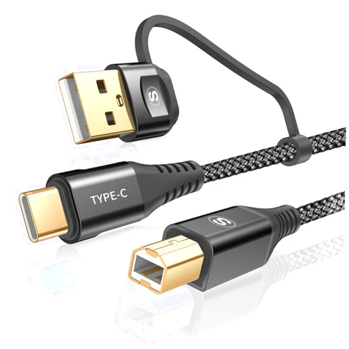 Sweguard USB C Printer Cable 10ft 2 in 1 USB-A/C to USB-B MIDI Cable Nylon Braided High-Speed Printer Cord for MacBook Pro/Air,Digital Piano MIDI Controller,HP Canon Dell Epson Brother Samsung Printers-Black