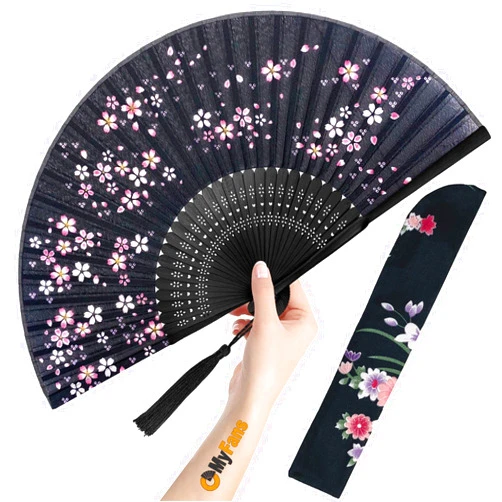 OMyFans Hand Fan for Women Foldable - Folding Chinese Japanese Vintage Bamboo Silk Fan - Ideal for Hot Flashes, Church, EDM, Festivals, Dancing and Gifts (Little Sakura-Black)