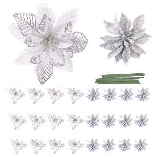 LEHIYIJIA 24Pcs Poinsettia Christmas Flowers Decorations with Stems, 2 Styles Glitter Artificial Poinsettia Christmas Tree Ornaments, for Xmas Tree Wreath Garland Holiday Decor, Silver