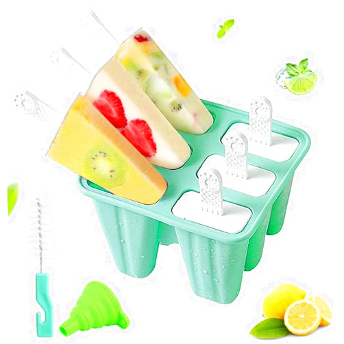 YEVIOR Popsicle Molds 6 Pieces Silicone Ice Pop Molds, BPA Free Popsicle Mold Reusable Easy Release Ice Pop Maker with Silicone Funnel and Cleaning Brush,Green