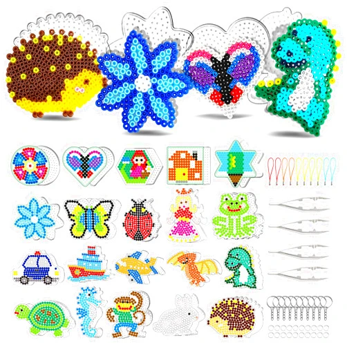 FUNZBO 20 pcs 5mm Fuse Beads Pegboards - Animal Shape Pegboards for Arts and Crafts Projects with Keychains, Hang Ropes and Beads Tweezers, Fuse Beads Gift Set