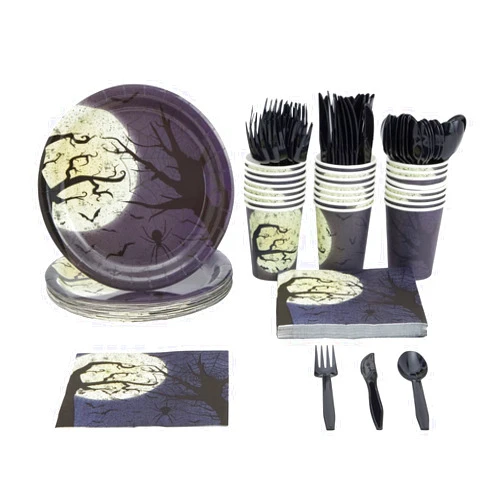 BLUE PANDA 144 Piece Halloween Dinnerware Set, Full Moon Night Sky Halloween Party Plates and Cups and Napkins Set for Spooky Gatherings and Witch Theme Parties (Serves 24) - Plate