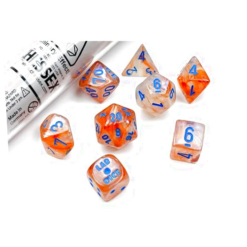 Chessex Rose Gold Borealis Luminary Dice with Light Blue Numbers 7+1 Dice Set 16mm (5/8in) Limited Edition Lab Dice Chessex