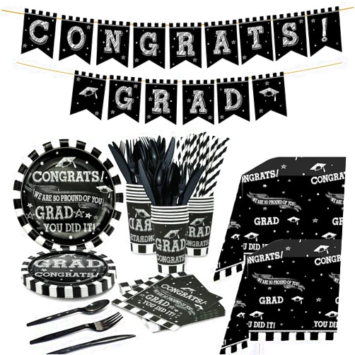 HIPEEWO 146 Pcs Graduation Party Supplies 2025 Tableware - Graduation Decorations Dinnerware Set Includes Banner,Tablecloth, Cutlery,Plates, Napkins, Cups, Straws, Congrats Grad Party Supplies