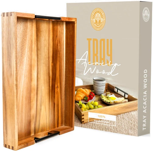 AERVENTIS Acacia Wood Serving Tray with Metal Handles - Decorative Tray for Ottoman, Kitchen, Living Room, and Parties - Large Food and Drink Serving Tray - Elegant Home Decor