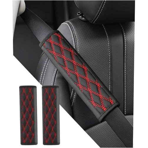 UBOG 2PCS Seat Belt Cover Pad,Seatbelt Covers,Car Accessories Seatbelt Cushion,Leather Car Seat Strap Pads,Seat Belt Cover,Universal Safety Strap Cover,Car Seat Strap Covers,Fits All Cars (Black&Red)