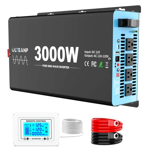OLTEANP 2024 New Upgraded 3000 Watts Pure Sine Wave Inverter, 12V DC to 110V AC Power Inverter with 4 AC Outlets, USB Port, Type-C Port for Truck, Vehicle, Power Outage, Remote Control with LCD Screen