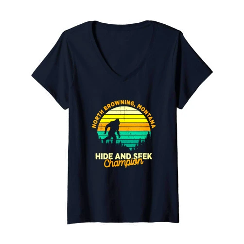 North Browning, Montana Big Foot Gift Womens Retro North Browning, Montana Big foot Souvenir V-Neck T-Shirt