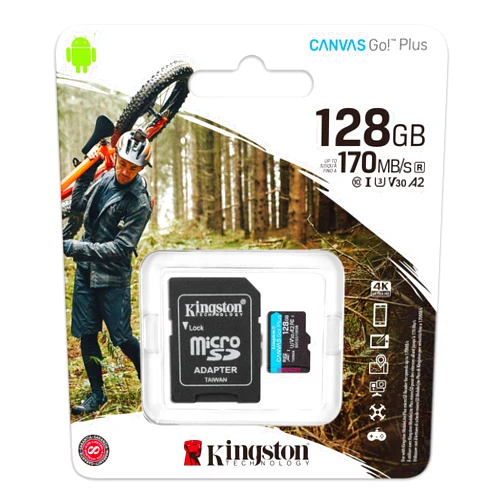 Kingston 128GB microSDXC Canvas Go Plus 170MB/s Read UHS-I, C10, U3, V30, A2/A1 Memory Card + Adapter (SDCG3/128GBCR)