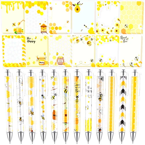 Dispowreath 24 Pcs Bee Sticky Notes with Pens Bee Themed Gifts Self Adhesive Notepad Cute Memo Notes Pads Black Ink Ballpoint Pen for Animal Lover Christmas Gifts Office School Students Teacher Supplies