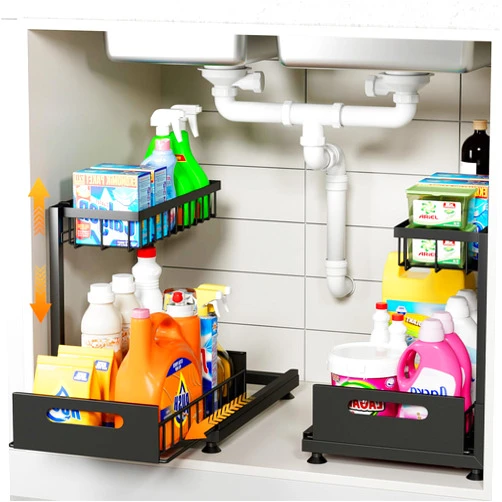 Saydear 2 Pack Under Sink Organizer Storage 2-Tier Premium Metal Pull-Out Racks, Height Adjustable, Easy Installation | Kitchen & Bathroom Organizers