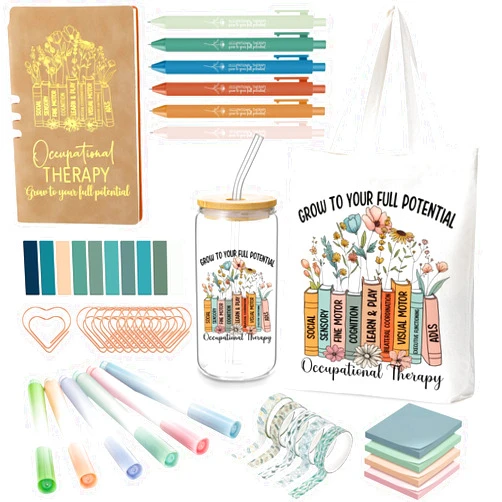 Yungyan 35 Pcs Occupational Therapy Appreciation Gift Set 16 oz Glass Cup Tote Bag Leather Notebook Ballpoint Pen Highlighter Sticky Note and Paper Clip Ot Month Gifts for Ot Occupational Therapist