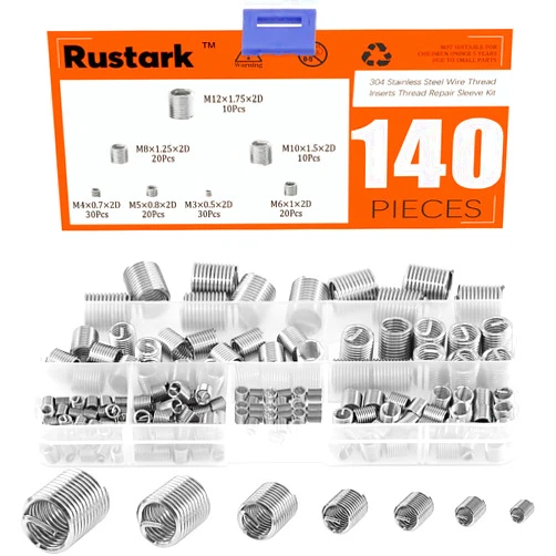 Rustark 140 Pcs 304 Stainless Steel Assorted Wire Thread Inserts Kit Metric M3 M4 M5 M6 M8 M10 M12 Helicoil Type Wire Screw Sleeve Assortment