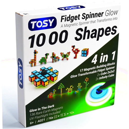 TOSY Magnet Fidget Spinner Glow - 16 Blocks, 3 in 1 Toy: Transformable Fidget Spinner, Infinity Cube, 2x2 Puzzle Cube, Glow, Stress Relief, STEAM Magnet Tiles Birthday Gift for Kids/Boys/Girls/Adults