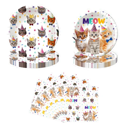 BAIFNEZ 40Pcs Cat Birthday Party Plates Napkins, Cat Party Supplies paper plates, kitten birthday Disposable Tableware Decorations