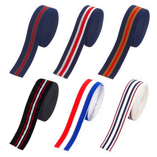 FINGERINSPIRE 1 Inch 12 Yard Three Color Stripe Twill Wide Elastic Band Single-Side 6 Colors Stripe Elastic Band for Sewing Knit Elastic Band Polyester for Sewing Skirts, Craft DIY Projects