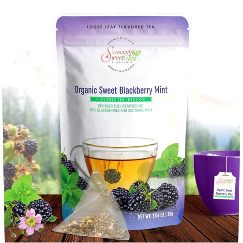 Savannah Sweet by Dora Charles Organic Sweet Blackberry Mint Tea Bags (15-Count) | All Natural | Zero Calorie Blend | Infused with Peppermint, Apple, Sweet Blackberry Leaves, Spearmint, Apple Mint and Cinnamon | Caffeine Free | Only $0.66 per Cup