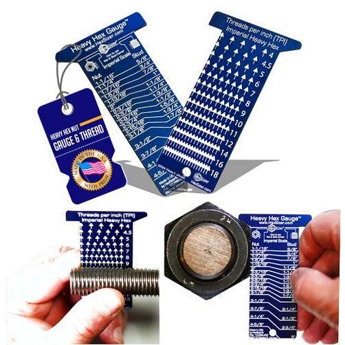 HexSizer Heavy Hex Nut, Bolt & Stud Gauge Tool & Thread Pitch Checker Set - Thread Measuring Gauge Set, Compact, Durable Anodized Aluminum Gauge Measuring Nuts, Studs, and Bolts - Inch Measurement