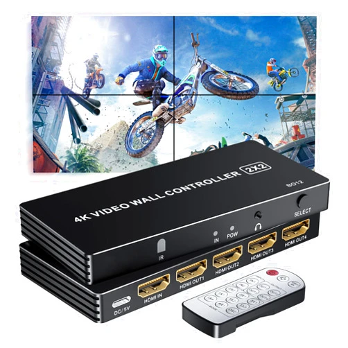 LUKFOCAB 4K HDMI Video Wall Controller 2x2, LUKFOCAB Video Wall Processor with 8 Splicing Modes, 180° Rotate, 3.5mm Audio Extractor, IR Remote, 4 TV Screen into 1 Wall Display 2x2, 1x2, 1x3, 1x4, 2x1, 3x1, 4x1