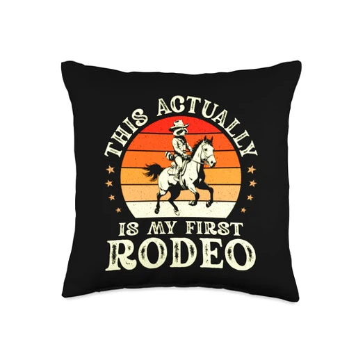Funny Raccoon Cowboy Western Trash Panda Apparel This Actually Is My First Rodeo Vintage Cowboy Raccoon Meme Throw Pillow