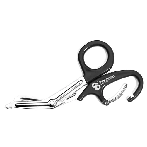 SC CARABINERSHEARS WWW.CARABINER-SHEARS.COM 1-855-260-SNIP Trauma Shears with Carabiner - Stainless Steel Bandage Scissors for Surgical, EMT, EMS, Medical, Nursing, and Veterinary Use, First Aid Supplies and Accessories, 7.5-inch, Black