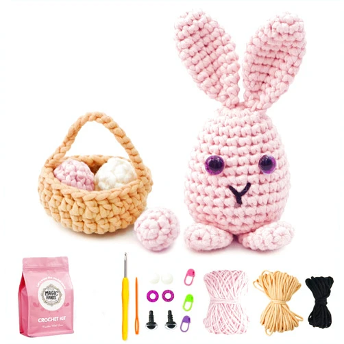 Maglc hand Easter Bunny Crochet Kit for Beginners - Complete Crochet Set with Yarn, Hooks, and Accessories + Step-by-Step Video Tutorial - Easy & Fun Crafting for Adults & Kids