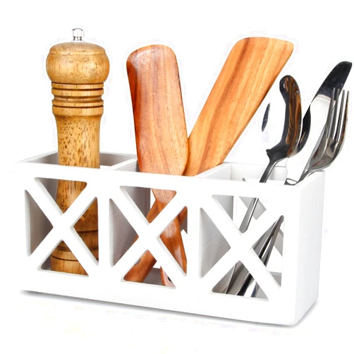 Ayiaren Wooden Cutlery Silverware Holder Flatware Utensil Caddy Wood Silverware Organizer Storage Containers for Kitchen Countertop, Forks, Spoon, Knives Kitchen Utensil Holder White Silverware Caddies