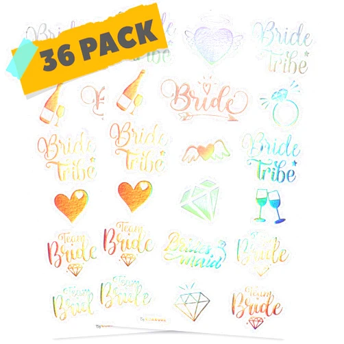 CORRURE Bachelorette Tattoos - 36pcs Iridescent Temporary Metallic Tattoo Stickers for Bridesmaids and Bride Tribe - Bachelorette Party Decorations, Bridal Party Favors, Games and Women Accessories