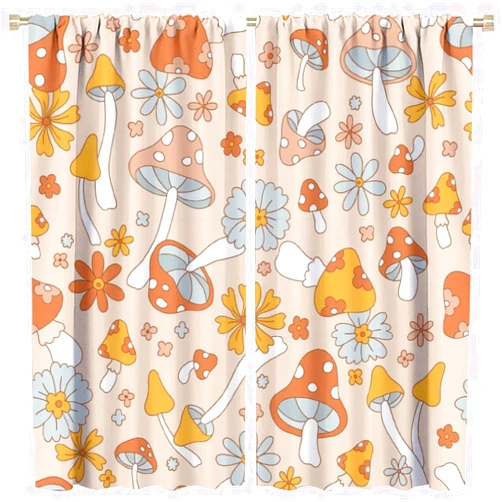 Kurtect Mushroom Blackout Curtain Vintage Cute Flower Boho Floral Window Curtain Noise Reducing Drapes Rod Pocket Kitchen Dining Room Cafe Bedroom Living Room 2 Panels 42x45 in