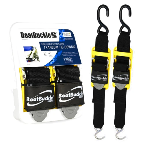BoatBuckle's Pro Series Kwik-Lok Boat Trailer Straps with Boat Pads, 2-Pack Adjustable Transom Tie Down Straps, 2-Inch x 4-Feet, 1,200 Lbs Break Strength, Easy to Use Boat Tie Down Straps to Trailer