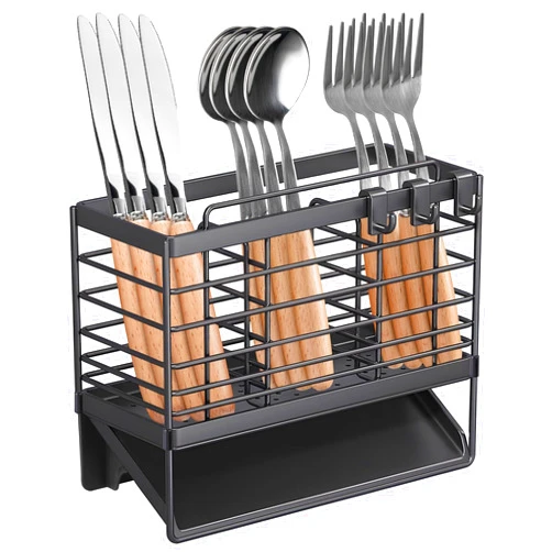 IWNTWY Utensil Holder, Stainless Steel Utensil Drying Rack with Plastic Automatic Drain Tray for Kitchen Counter, Compact Silverware Cutlery Drainer Basket for Spoons, Forks, Knifes, Chopsticks Organizer