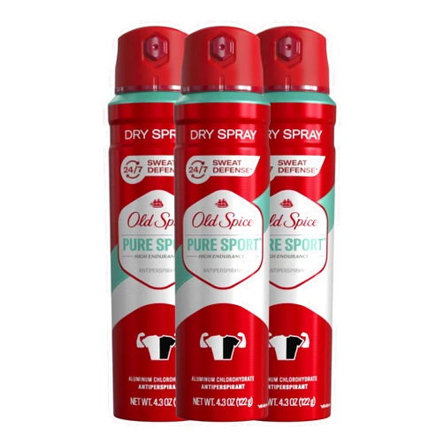 Old Spice Men's High Endurance Anti-Perspirant and Deodorant Invisible Dry Spray for Men, Pure Sport Scent, 4.3 oz (Pack of 3)