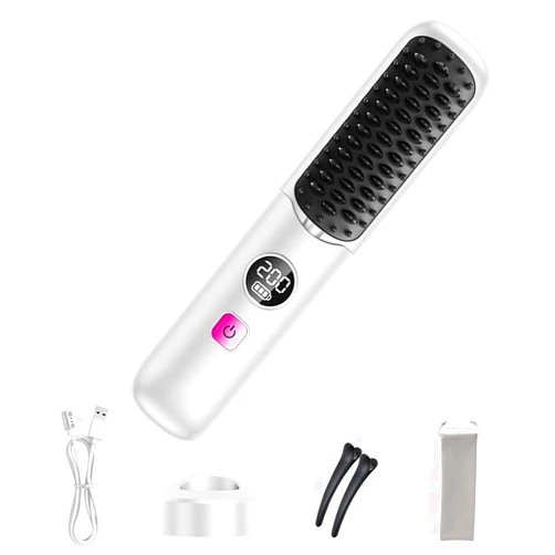 Amusediy Multifunctional Heating Brush Hair Straightener Curly Hair Straightening Brush Wave Negative Ion Heat Brush Fast Heating 5-Speed Temperature Adjustment (White)